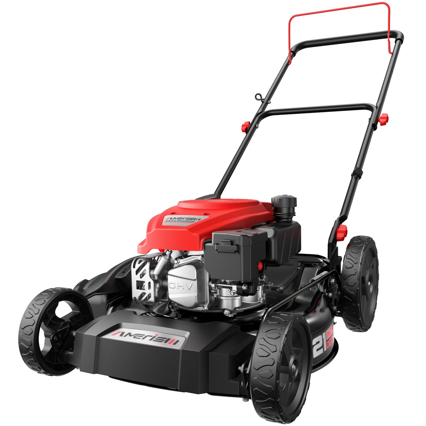 AMERISUN 21-Inch 2-in-1 Gas Push Lawn Mower, 144cc OHV Walk-Behind Mower for Yard, Mulching Side Discharge, 1.5–3.9 in Adjustable Cutting Height, 10-in Rear Wheels