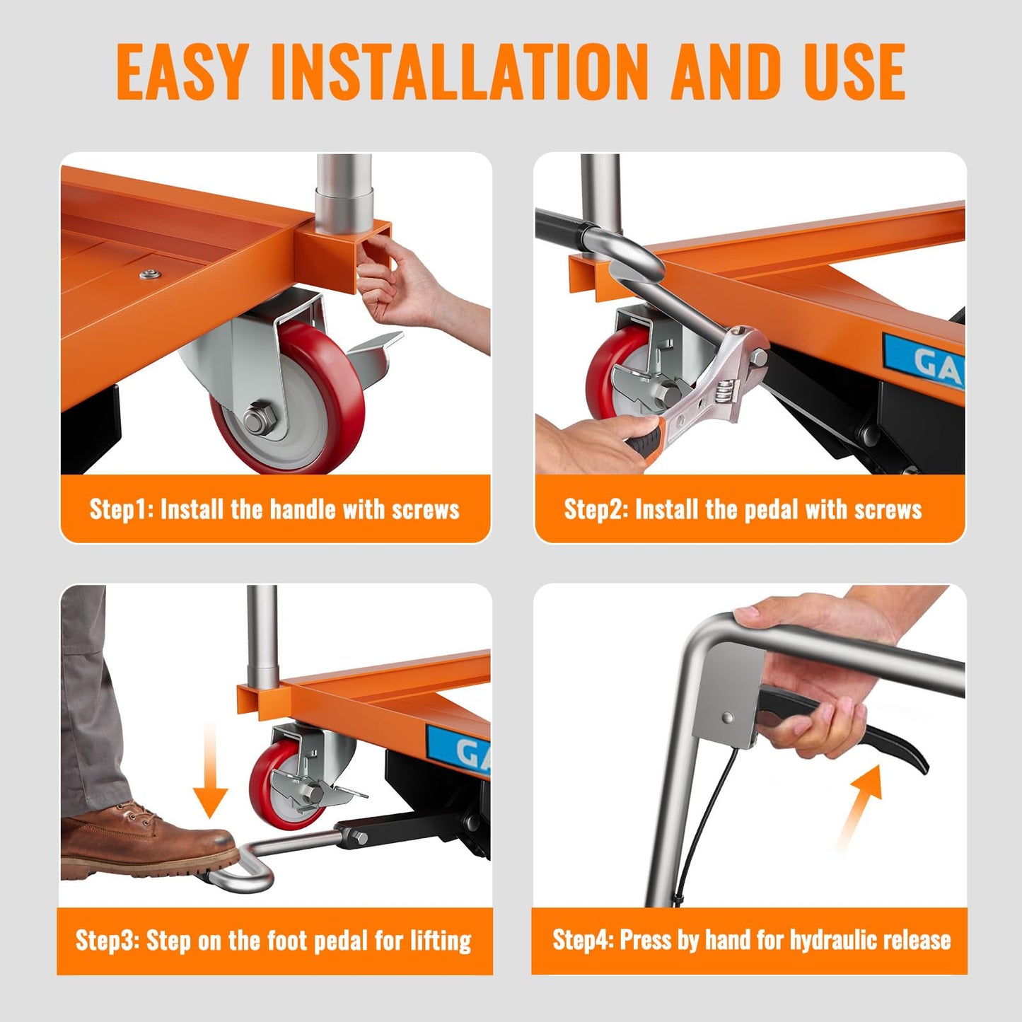 Hydraulic Lift Table Cart, 330lbs Capacity 28.5" Lifting Height, Manual Single Scissor Lift Table with 4 Wheels and Non-Slip Pad, Hydraulic Scissor Cart for Material Handling, Orange