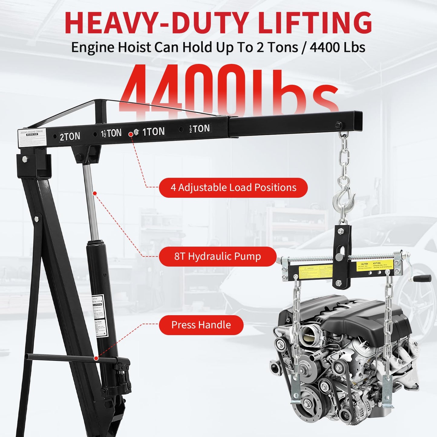 2 Ton Folding Hydraulic Engine Hoist with Load Leveler 4400 LBS Capacity Heavy Duty Cherry Picker 6 Swivel Wheels&Hydraulic Pump Adjustable Boom (0.5T-2T) for Garage Workshop Warehouse