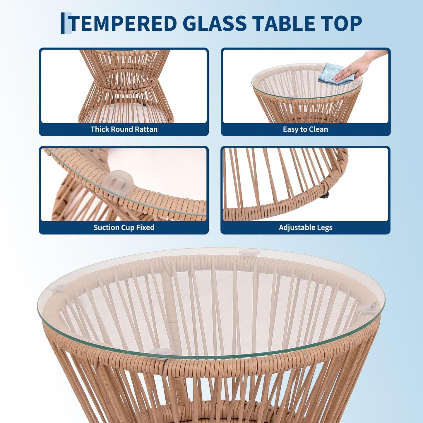 3 Piece Outdoor Rattan Patio Bistro Set with Glass Top Table and 2 Chairs, All Weather Patio Furniture for Backyard, Poolside, Porch, Balcony, Garden, Beige