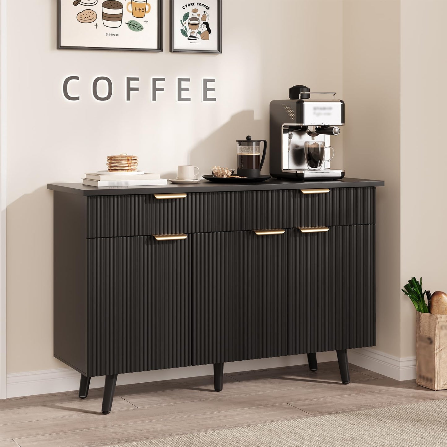 IDEALHOUSE 47" Buffet Sideboard with Storage and Adjustable Shelves, Modern Fluted Kitchen Storage Cabinet, 2 Drawers, 3 Doors, Wood Coffee Bar Cabinet Buffet Table for Kitchen, Dining Room- Black
