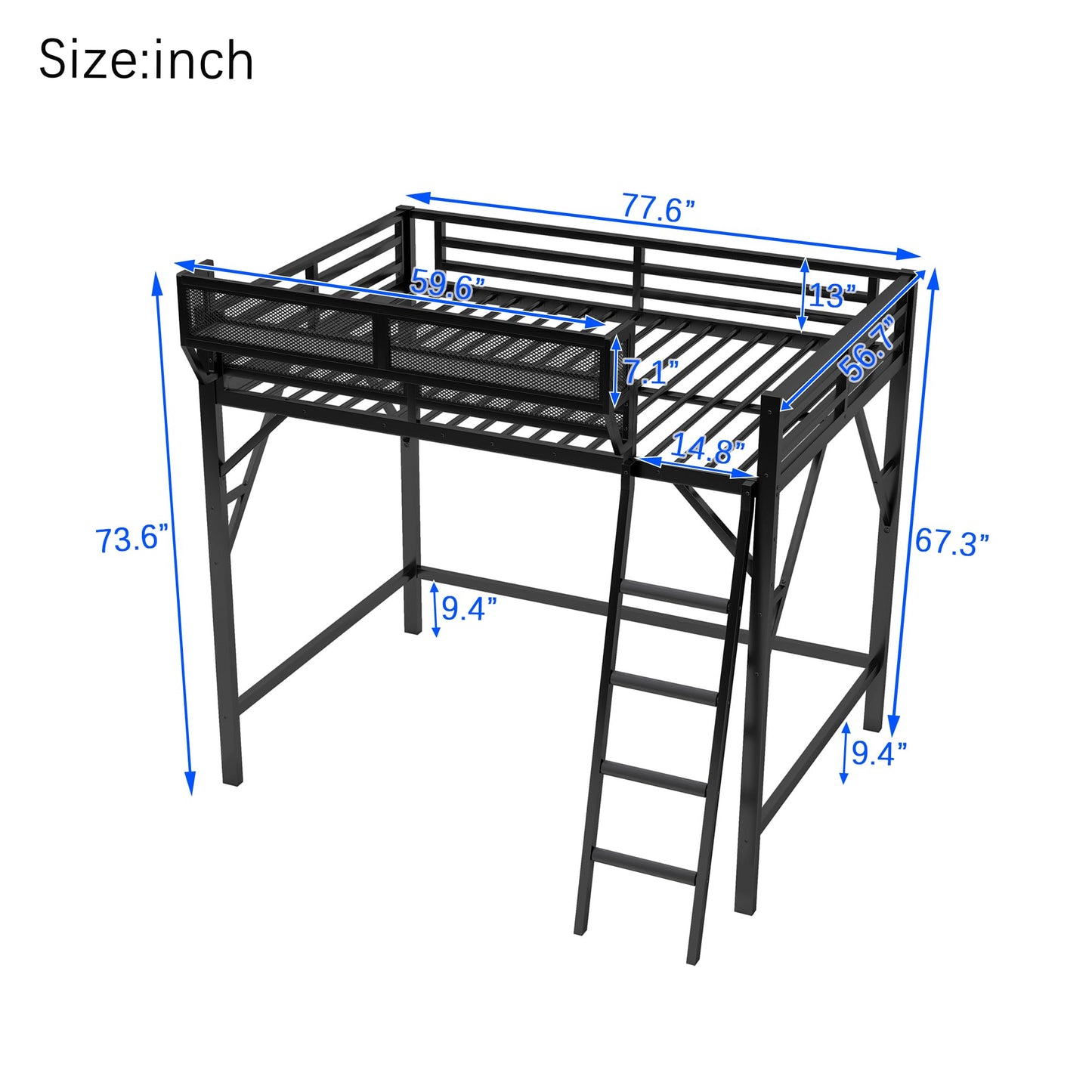 KEIKI Full Size Metal Loft Bed Frame with Ladder and Built-in Storage Shelves, for Teens, Modern Style Loft Bed with Solid Slats, Guardrail, No Box Spring Required, Easy Assembly, for Bedroom, Black