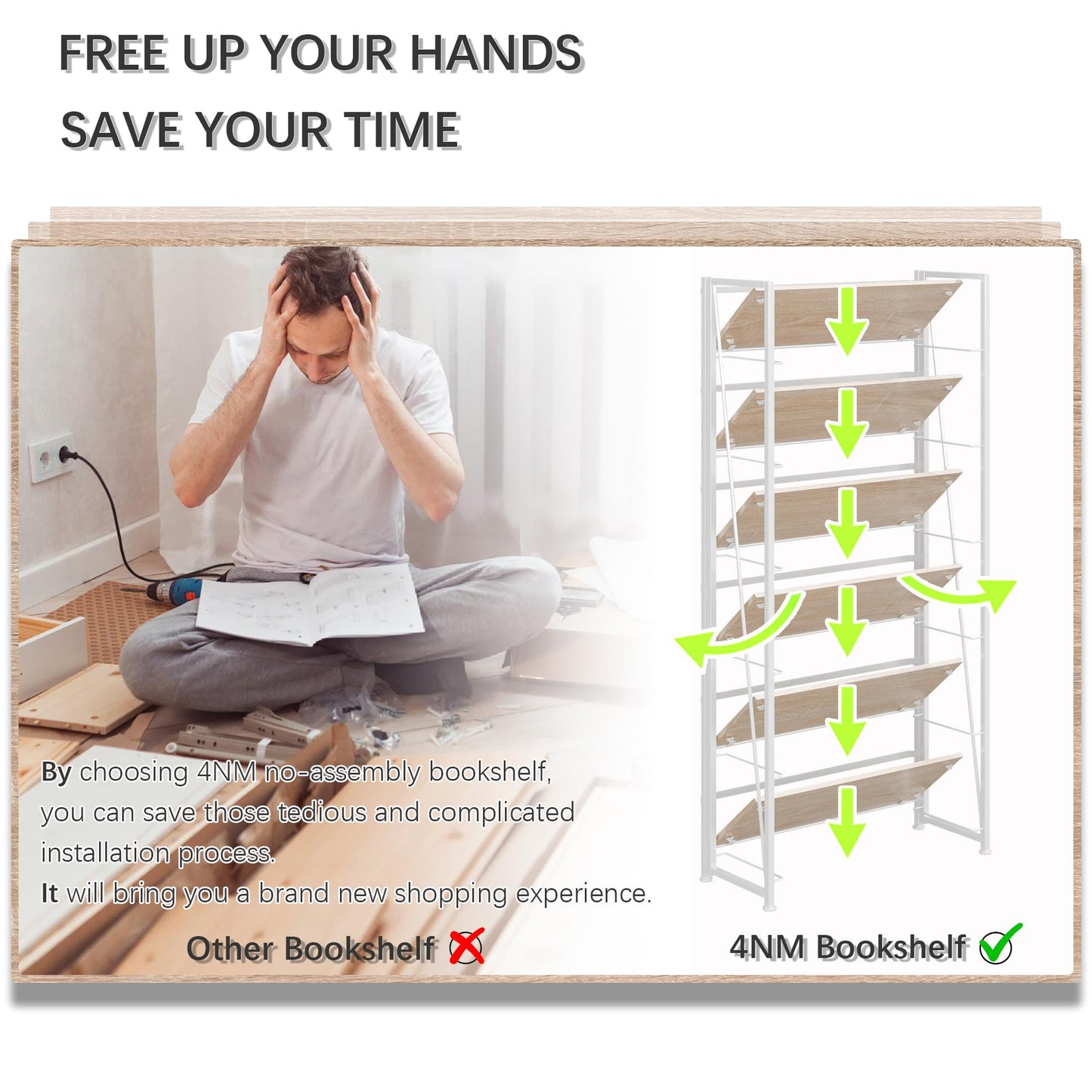 4NM No Assembly Folding Bookshelf, 6-Shelf 74" H Collapsible Foldable Bookcase Storage for Small Spaces, Natural White