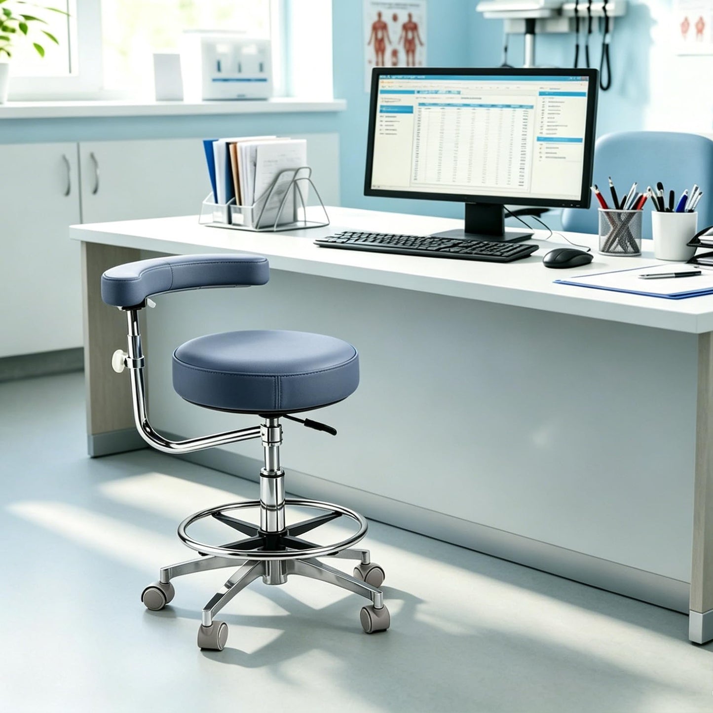 Viviange Ergonomic Dental Stool with Adjustable Height & Rolling Base - Comfortable Dentist Chair for Hygienists, Assistants, & Medical Professionals - Blue Grey