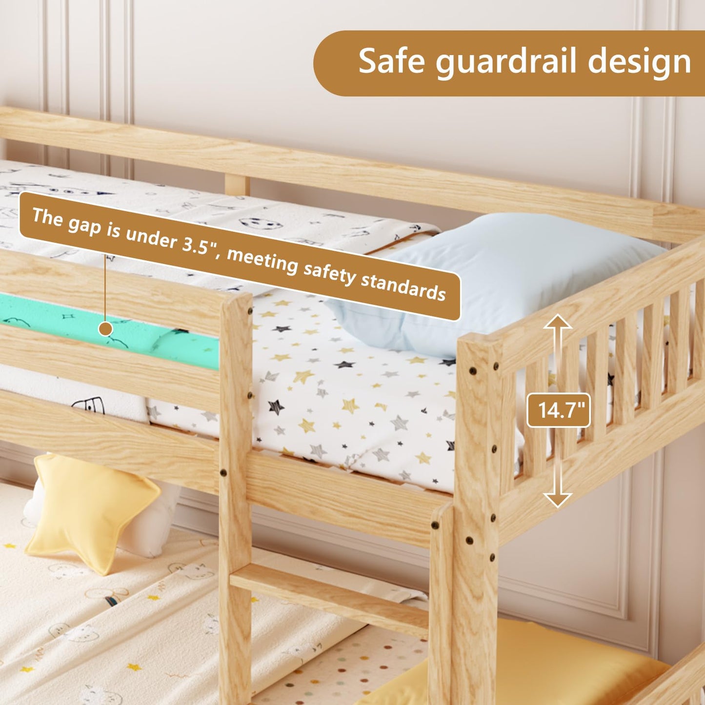 JOYMOR Low Twin Over Twin Bunk Bed for Kids/Junior, Wood Twin Bunk Bed Frame with Guardrails & Ladder for Boys Girls, Mattress Not Included