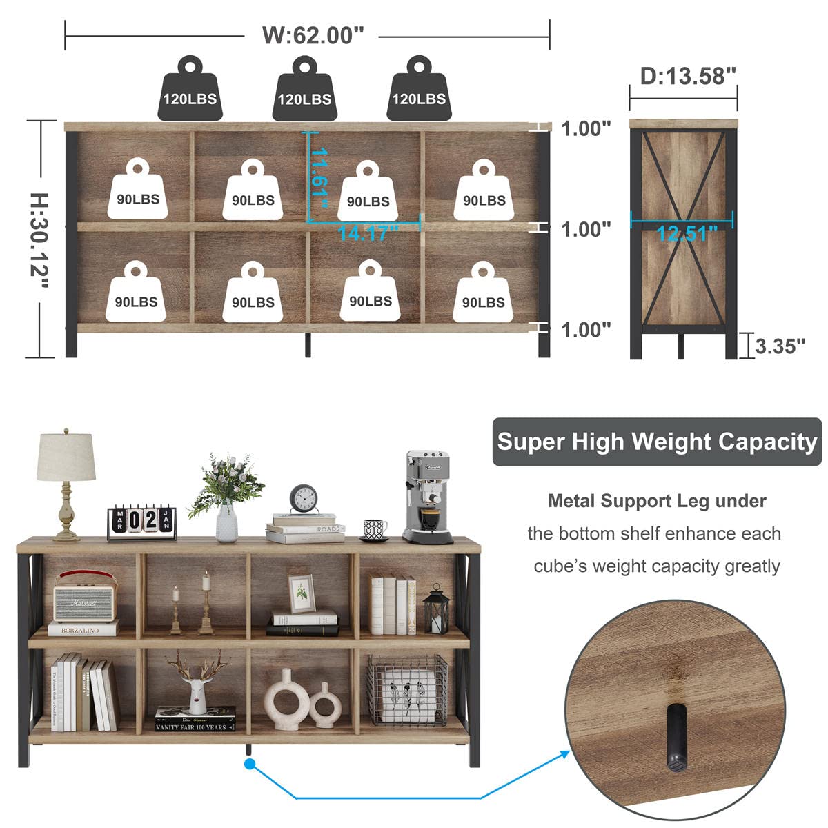 FATORRI 8 Cube Storage Organizer Bookshelf, 62 Inch Rustic Wood Horizontal Bookcase, Industrial Cube Long Book Shelf for Living Room (Rustic Oak)