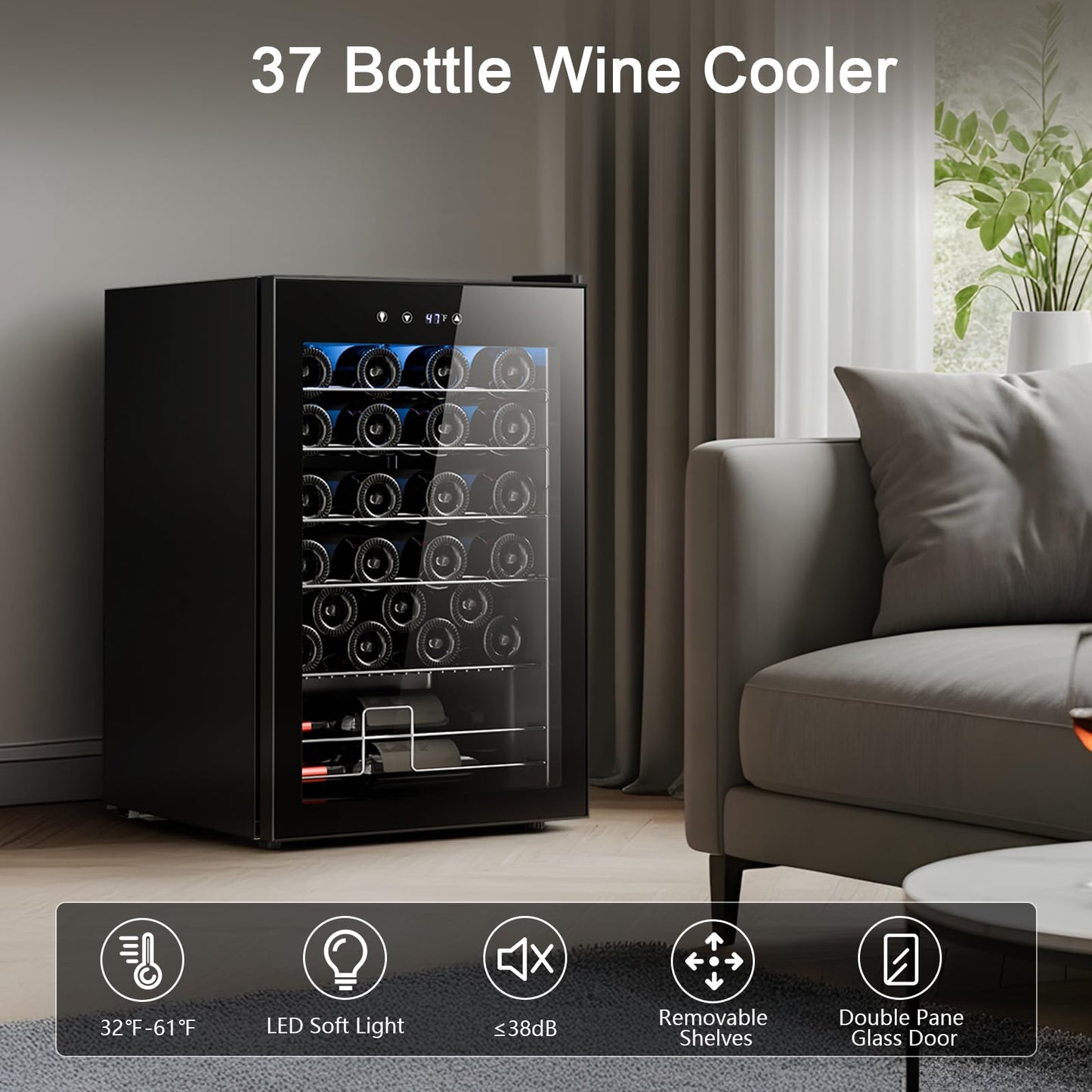 Antarctic Star Wine Fridge, Freestanding Wine Cooler Refrigerator with Adjust Temperature（32°F- 61°F）, 4.5 Cu.Ft Mini Fridge for home/bar/office, Black