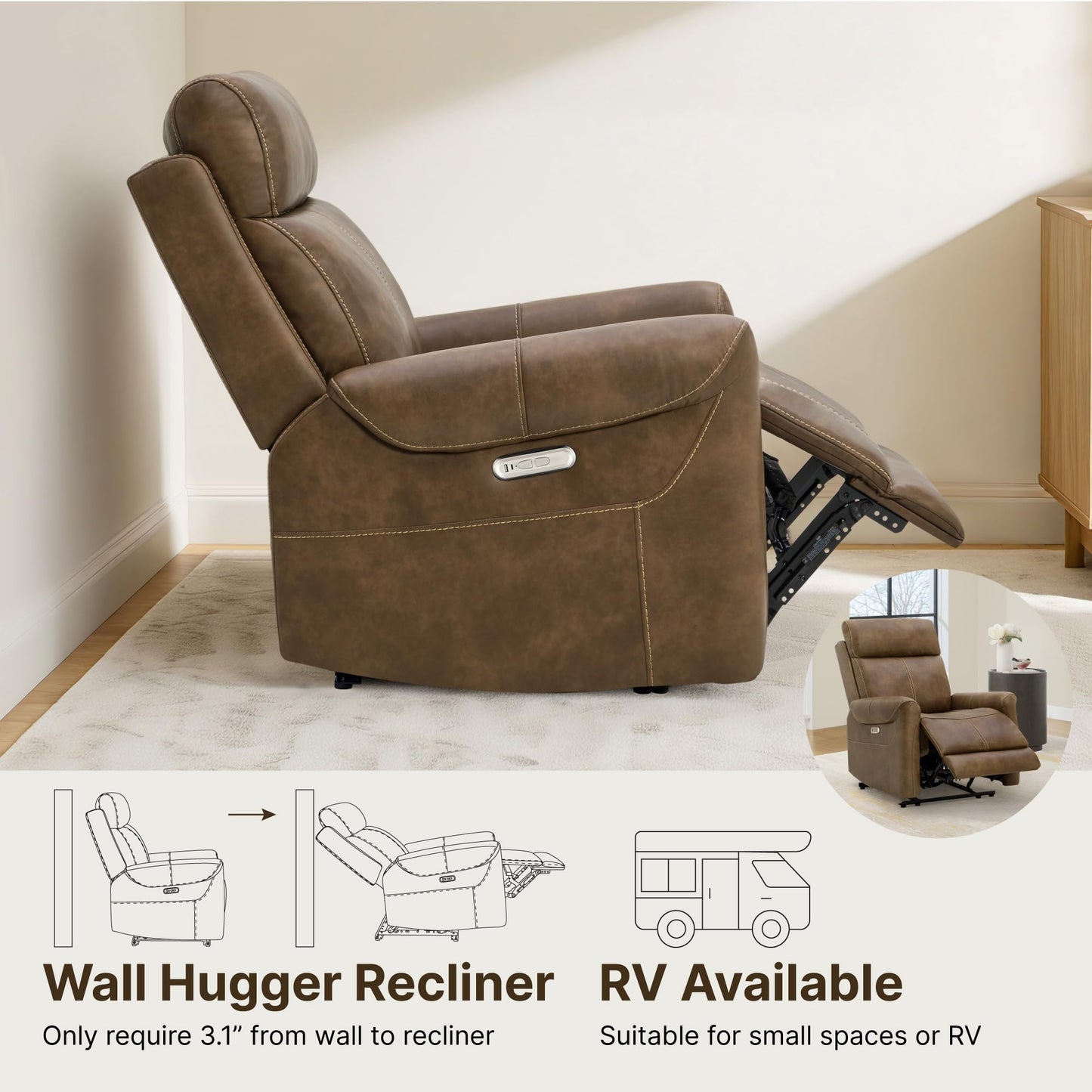 KISLOT Wall Hugger Recliner Chair for Adults, Faux Leather RV Recliner with USB Charging Ports Electric Power Reclining Sofa for Living Room Home Theater Seating Bedroom