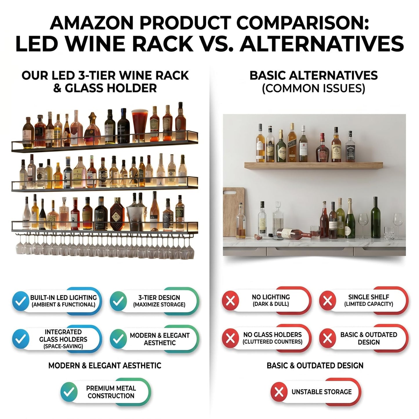 ZAOBAS 39.4" Wall Mounted Wine Rack with Lights, 3-Tier Floating Bar Shelf