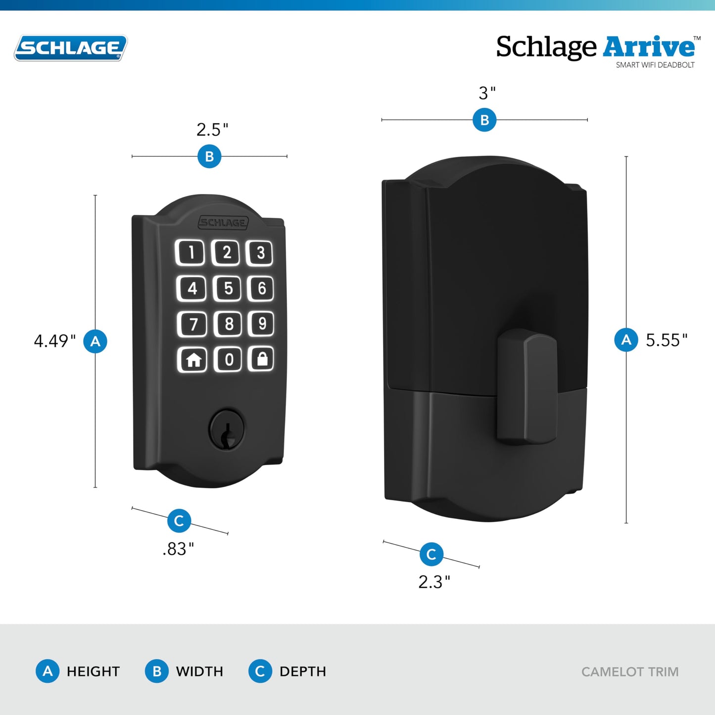 Schlage Arrive Smart Wi‑Fi Deadbolt Lock with Keypad, Keyless Entry Front Door Lock, App Control, Alexa and Google Home Compatible, Matte Black, BE459WB CAM 622