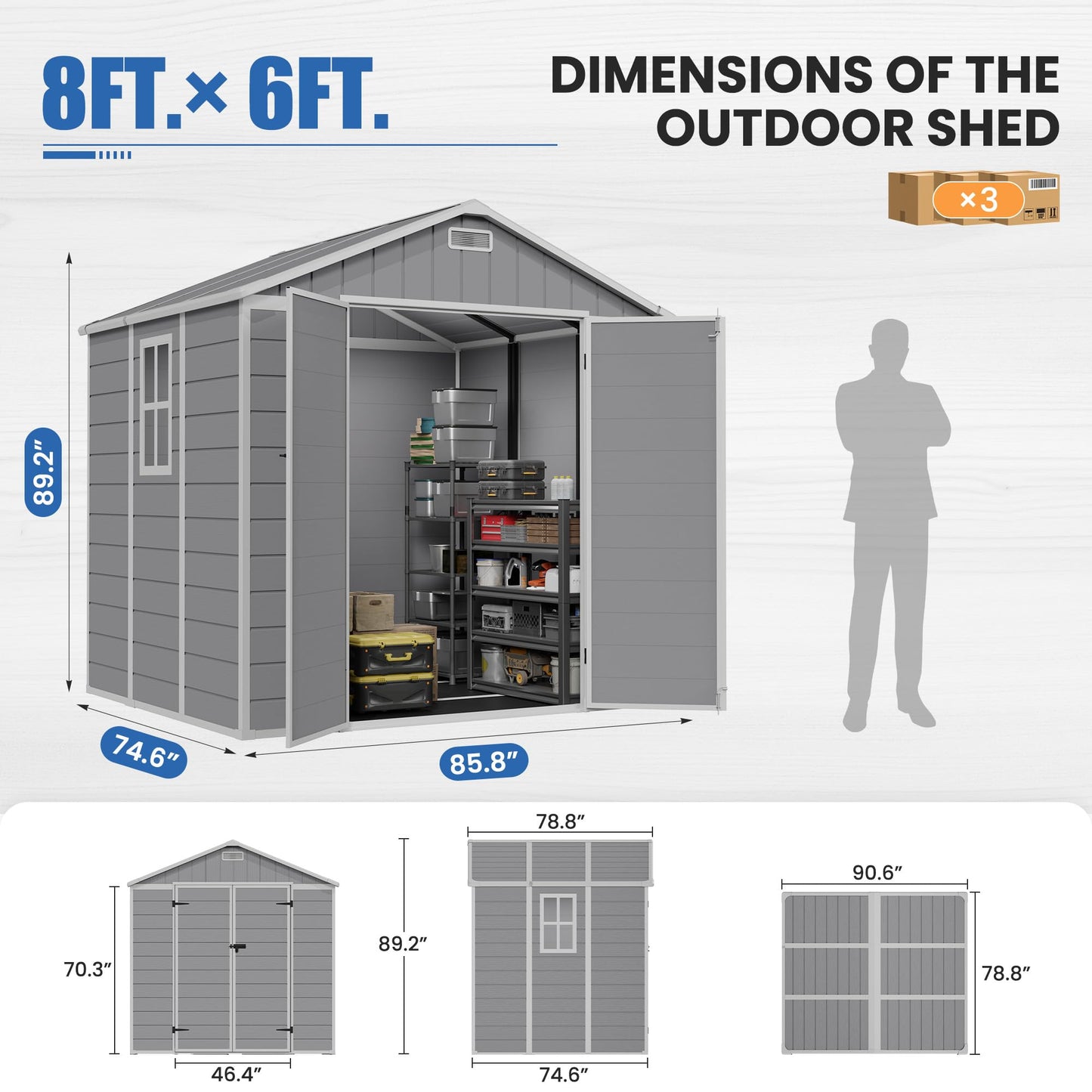 Amopatio 8x6 FT Storage Shed, Resin Outdoor Shed with Floor Included, Plastic Sheds for Bike, Garden Tools, Sheds & Outdoor Storage with Lockable Door, Window & Vents, Grey & White