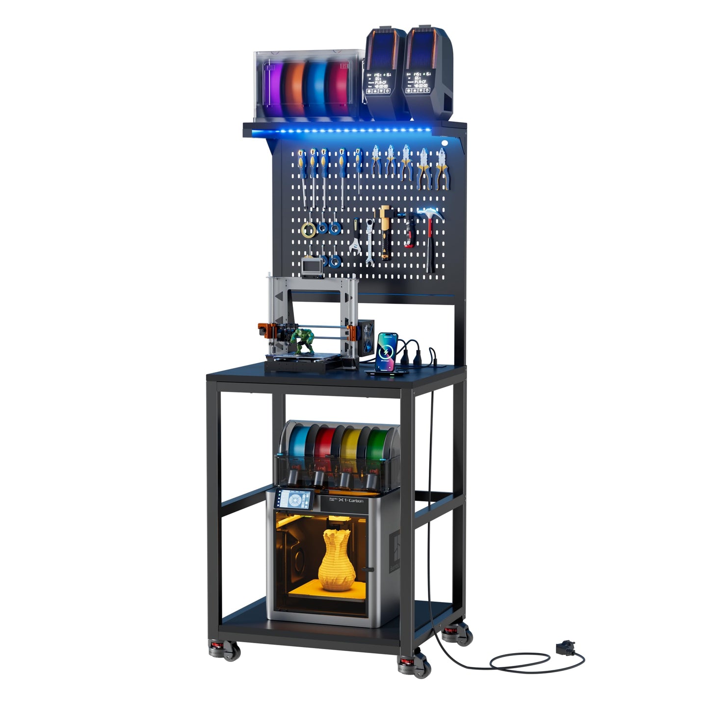 3D Printer Stand with Filament Storage Workbench,3D Printer Table with Charging Station & LED Lights,Heavy Duty Rolling Printer Desk with Pegboard for Workshop,Office,Garage