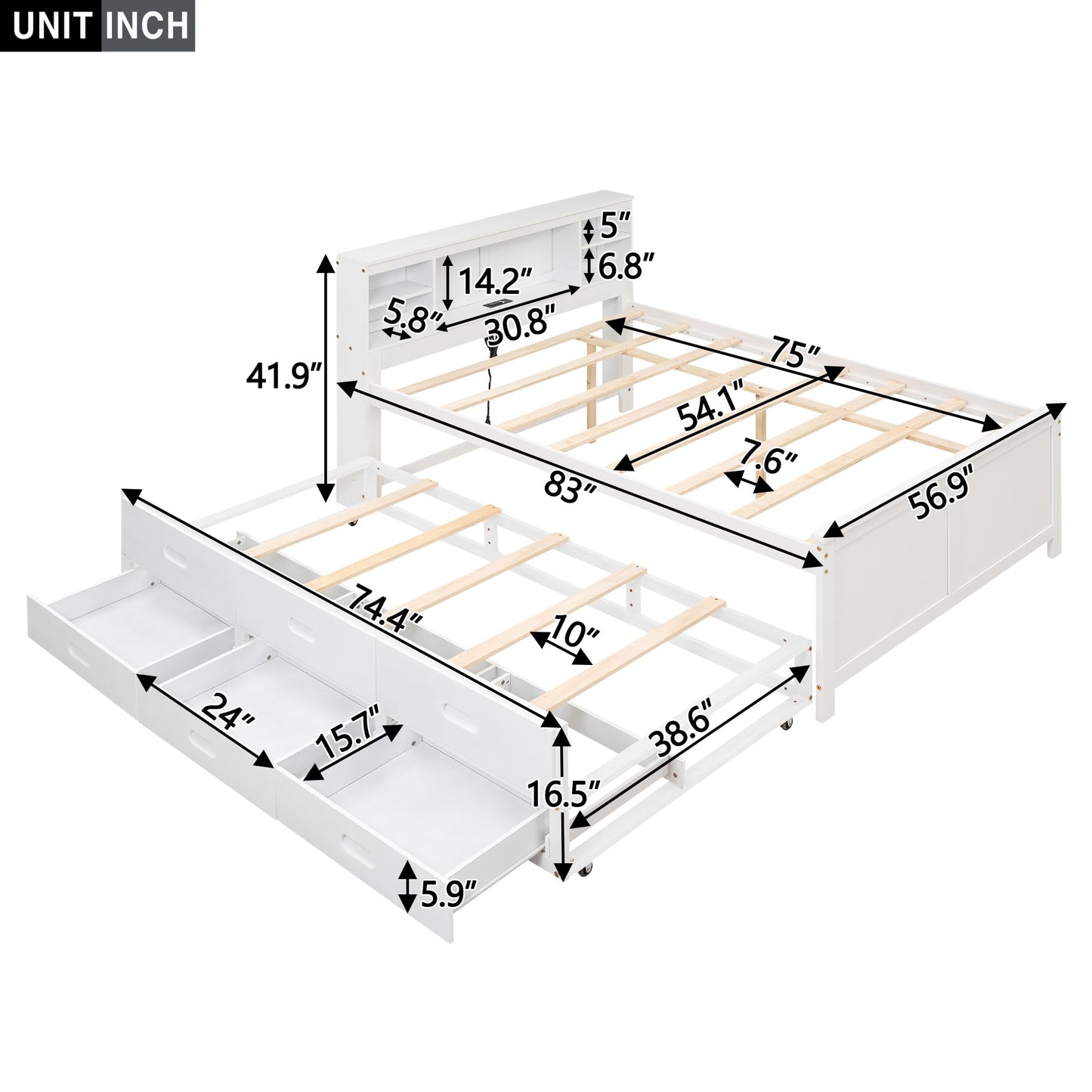 Merax Full Size Platform Bed with Storage Headboard, USB, Wood Bedframe with Twin Size Trundle and 3 Drawers, White