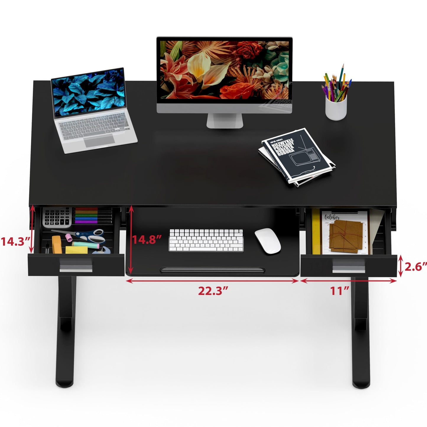 SHW 48-Inch Electric Height Adjustable Desk with Keyboard Tray and 2 Drawers, Black
