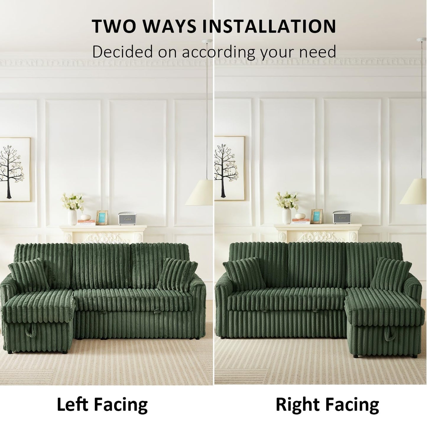 KCGKCG Sleeper Sofa Bed, 81” Pull Out Couch Bed with Reversible Storage Chaise, 3 in 1 L-Shaped Couch with Charging Station, Cup Holder, Side Pocket, Plush Corduroy Couches for Living Room(Green)