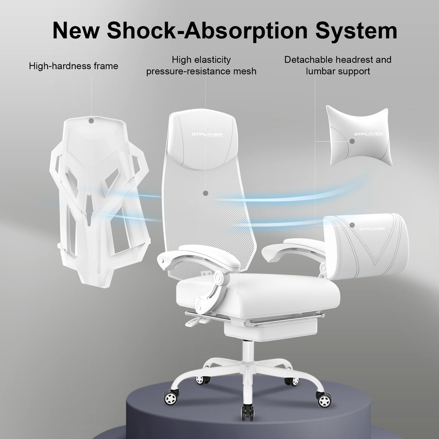 GTPLAYER Gaming Chair, Computer Chair with Mesh Back, Ergonomic Game Chair with Footrest, Reclining Game Chair with Adjustable Headrest and Lumbar Support for Gaming and Office (White)