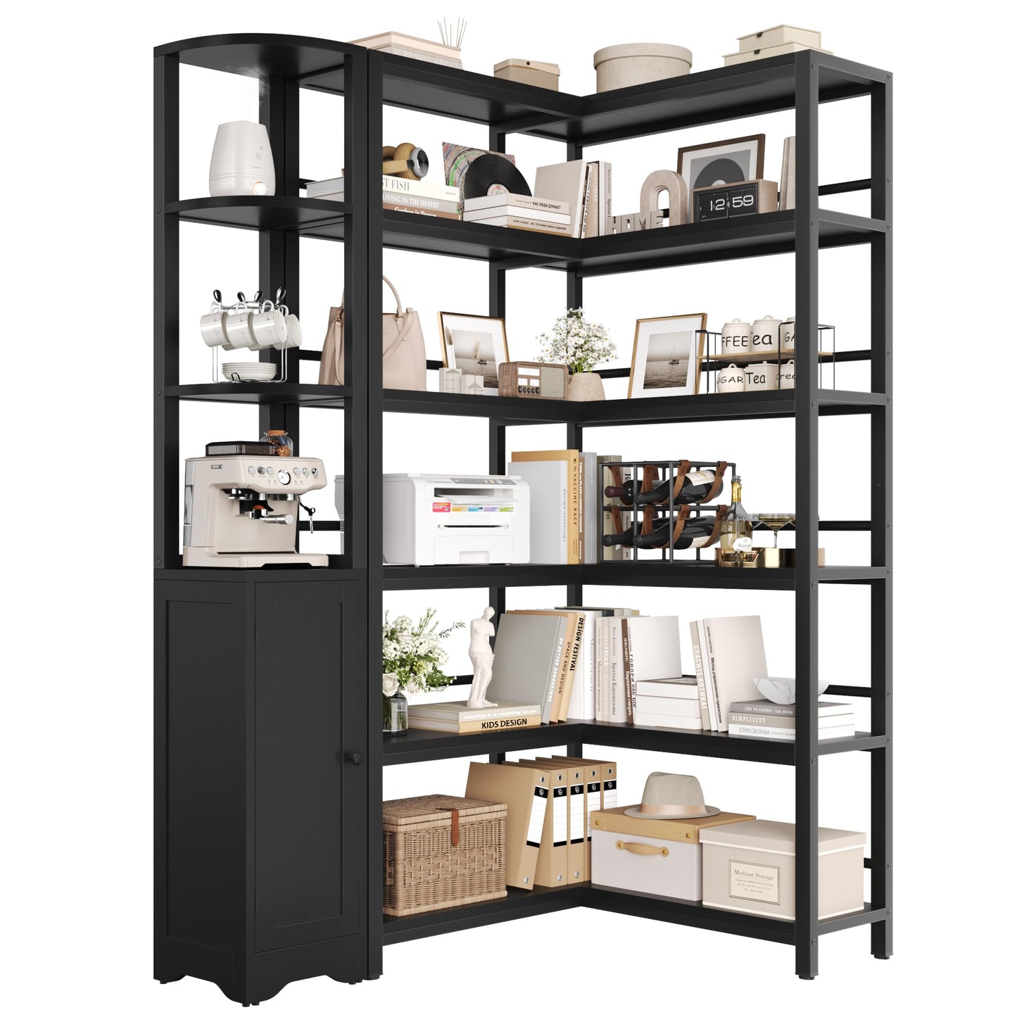 Keyluv Modern 72" Tall Corner Bookshelf with Storage Cabinet, Large 2-Piece Reversible L-Shaped Bookcase with Door, 6-Tier Display Shelf for Living Room, Home Office, Pantry, Black