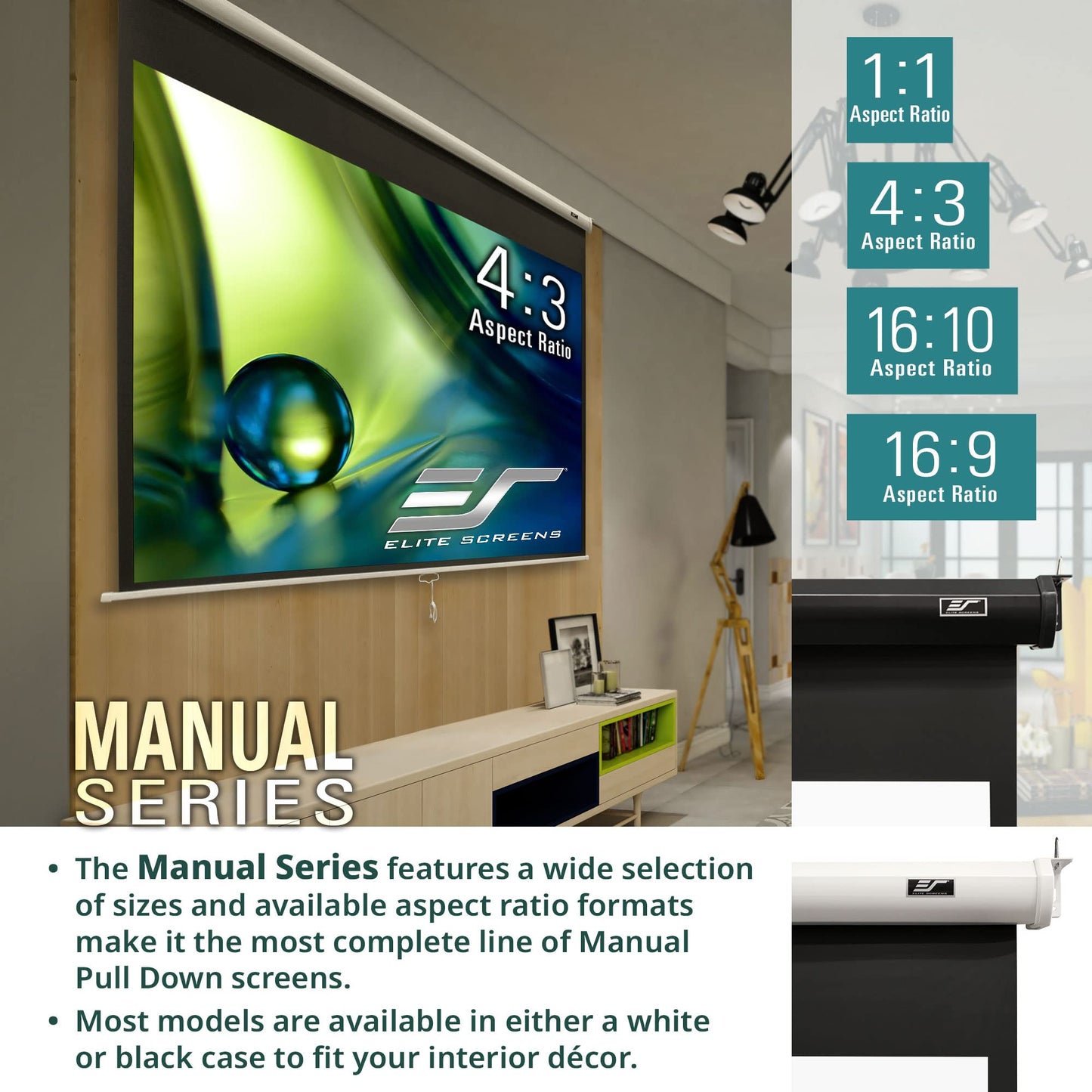Elite Screens Manual Series, 142-INCH 16:9, Pull Down Manual Projector Screen with AUTO LOCK, Movie Home Theater 8K / 4K Ultra HD 3D Ready, 2-YEAR WARRANTY, M142UWH2, 16:9, Black