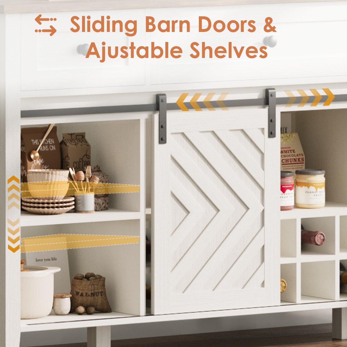 Garvee Farmhouse 59' Bar Cabinet with Adjustable Shelf and Sliding Barn Door, Buffet Cabinet with Removable Rack and 3 Drawer for Dining Room, Kitchen, Living Room