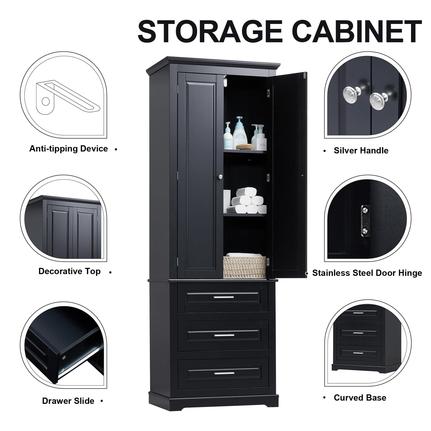 70" Tall Storage Cabinet Kitchen Pantry Cupboard with Two Doors and Three Drawers, Freestanding Shelf Organizers Unit for Home, Bathroom and Living Room, White