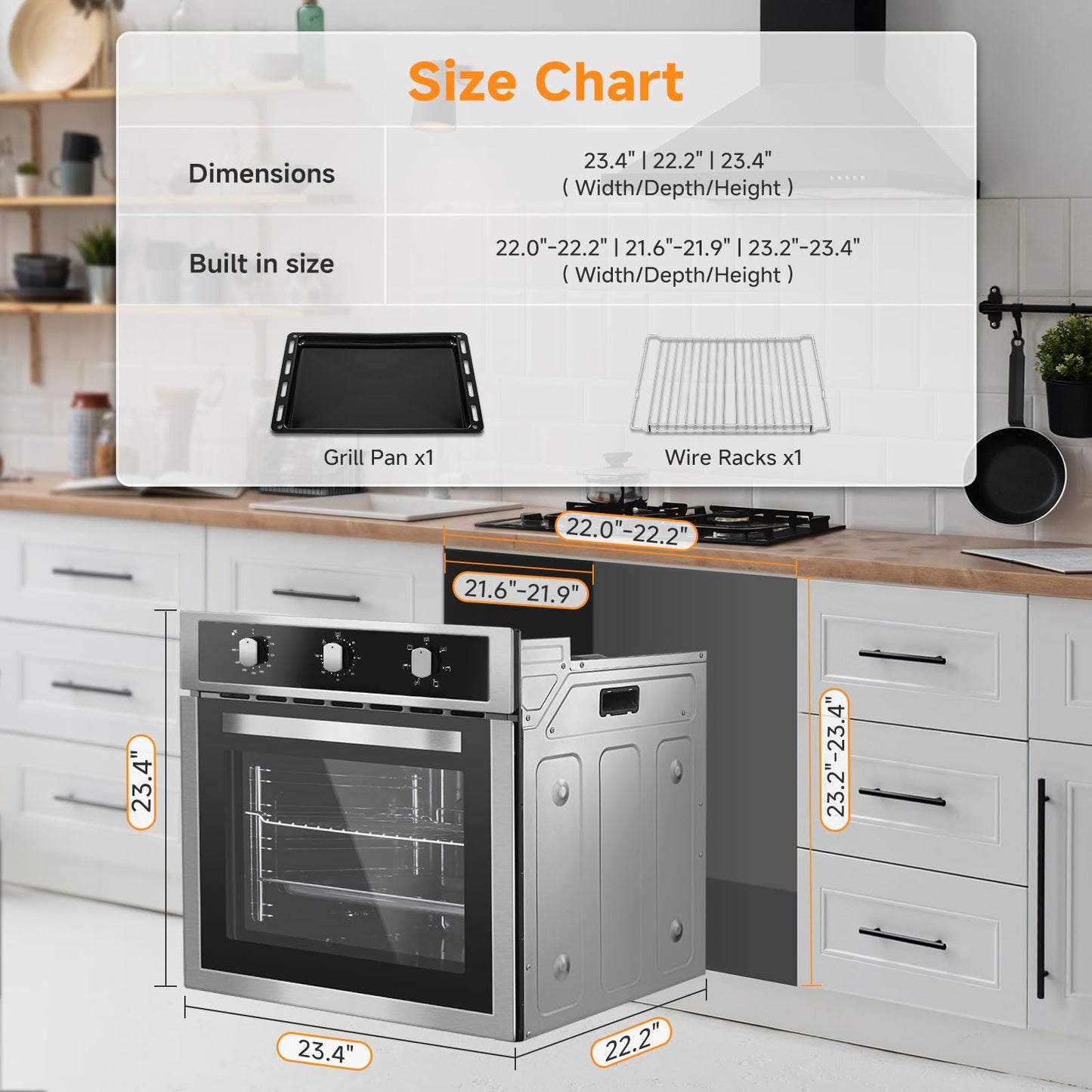 24" Single Wall Oven for Kitchen: 2200W Built-in Electric Wall Oven with Mechanical Knobs Control, 2.5 Cu.ft. Stainless Steel Wall Oven with 6 Cooking Modes, Convection Oven, Timer
