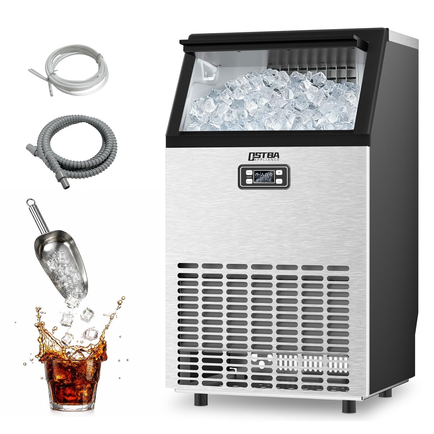 Commercial Ice Maker Machine, 100Lbs/24H Under Counter Ice Machine, 45 Clear Ice Cubes in 10–15 Mins, 33Lbs Storage Bin, Self-Cleaning Stainless Steel Ice Maker for Bar Restaurant Home Kitchen