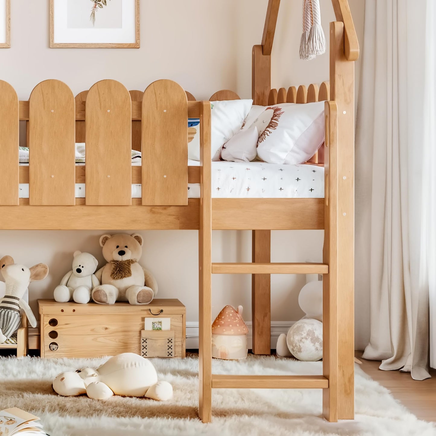 KEIKI Full Size Wooden House-Shaped Loft Bed Frame with Stairs & Ladders & Storage Shelves, for Girls and Boys, Low Loft Bed with Round Shape Guardrails & Slats, Easy Assembly, for Bedroom, Natural