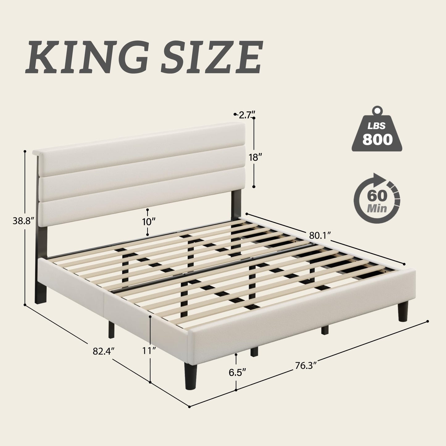Fluest King Size Bed Frame, Platform Bed Frame with Velvet Upholstered Headboard, No Box Spring Needed, Sturdy Metal Support, Noise Free, Easy Assembly, Beige