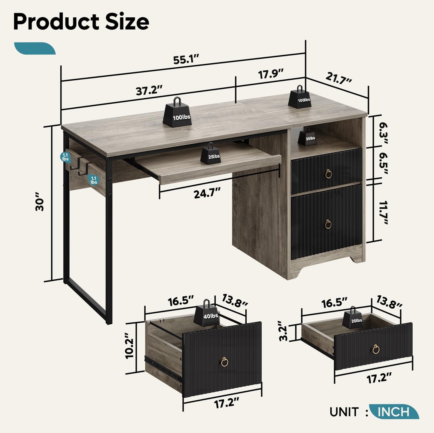 Bestier 55 Inch Computer Desk with Keyboard Tray, Modern Office Desk with Storage, Wood Writing Desk with File Drawer, Fluted Panel & 2 Hooks for Home Office & Studio, Grey