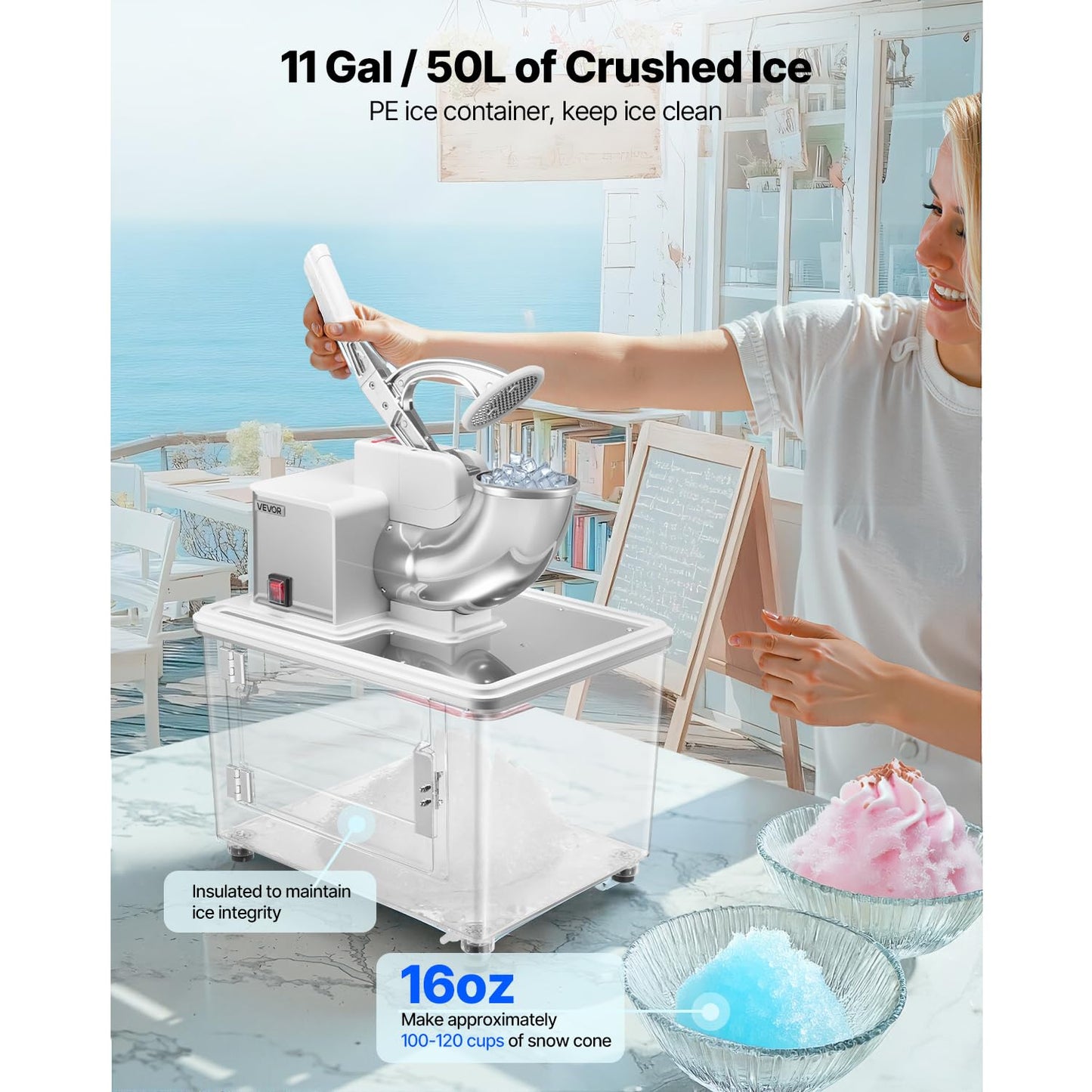 VEVOR 110V Commercial Ice Crusher 661LBS/H, ETL Approved 300W Electric Snow Cone Machine with Dual Blades, Stainless Steel Shaved Ice Machine with Safety On/Off Switch for Family, Restaurants, Bars