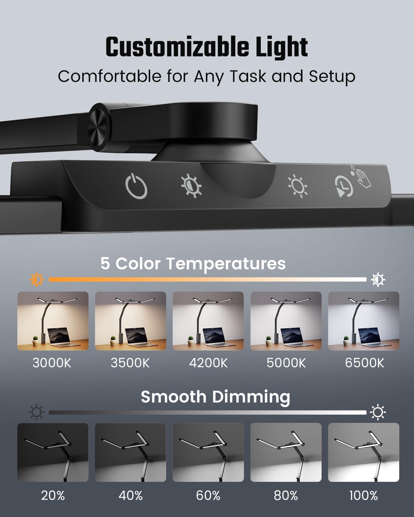 SUPERDANNY LED Desk Lamp with Power Strip, 6 Outlets, USB & Type-C, Large, Black, Model SDDL02