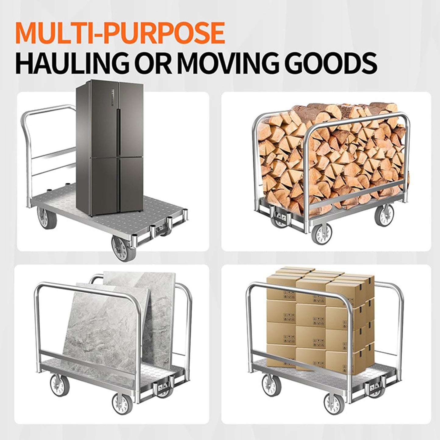 Foldable Panel Push Cart Dolly,2IN1 Steel Plate Platform Truck,36"×24" Heavy Duty Moving Hand Truck Flatbed Cart,2200LBS Capacity with 6.5'' Swivel Wheels,Detachable Fence 1Front and 2Side Handles