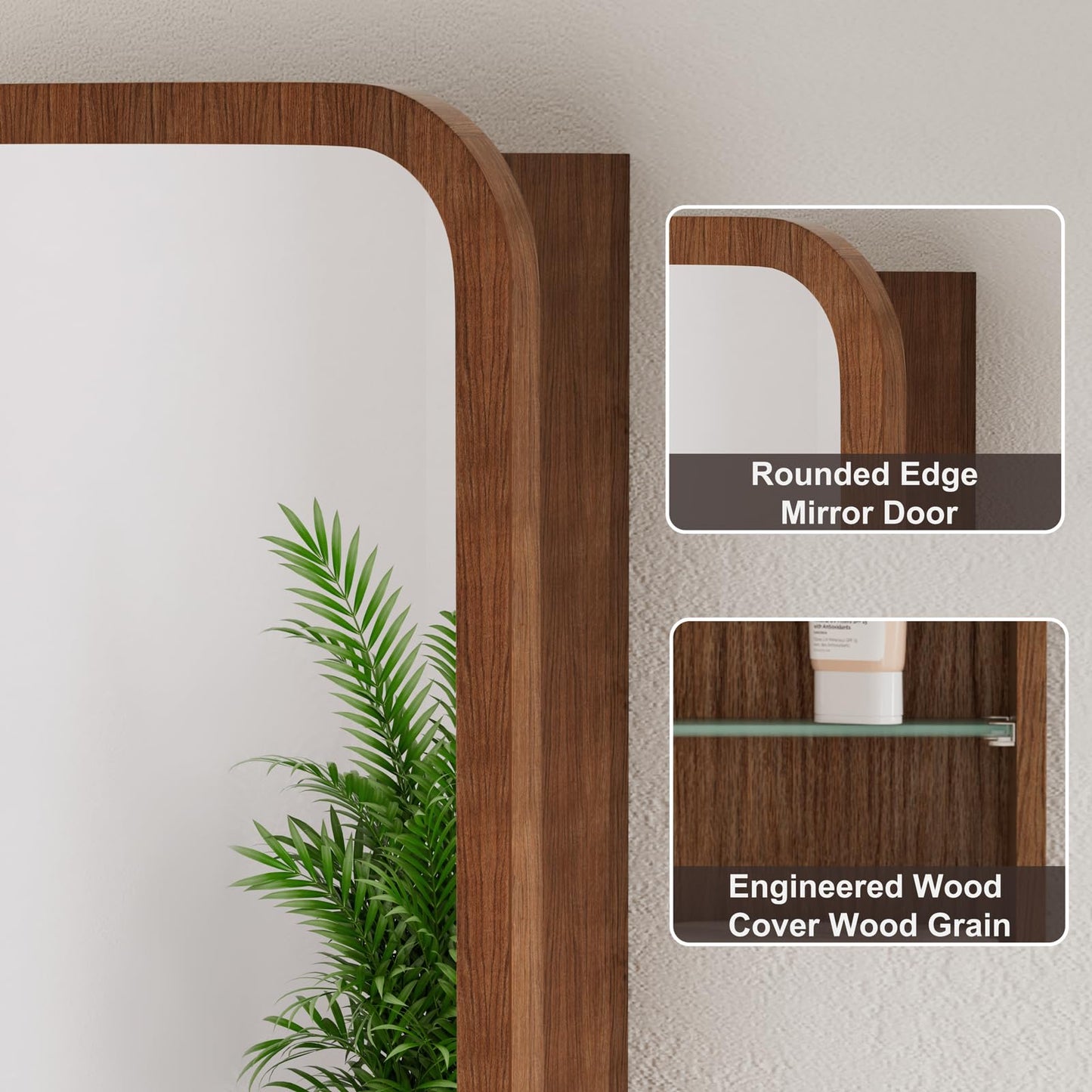 Keazile 20x28 Inch Wood Medicine Cabinet with Mirror, Surface or Recessed Mount Bathroom Mirror Cabinet, Adjustable Glass Shelves, Soft-Close Door, Rounded Corner, Fully Assembled, Walnut