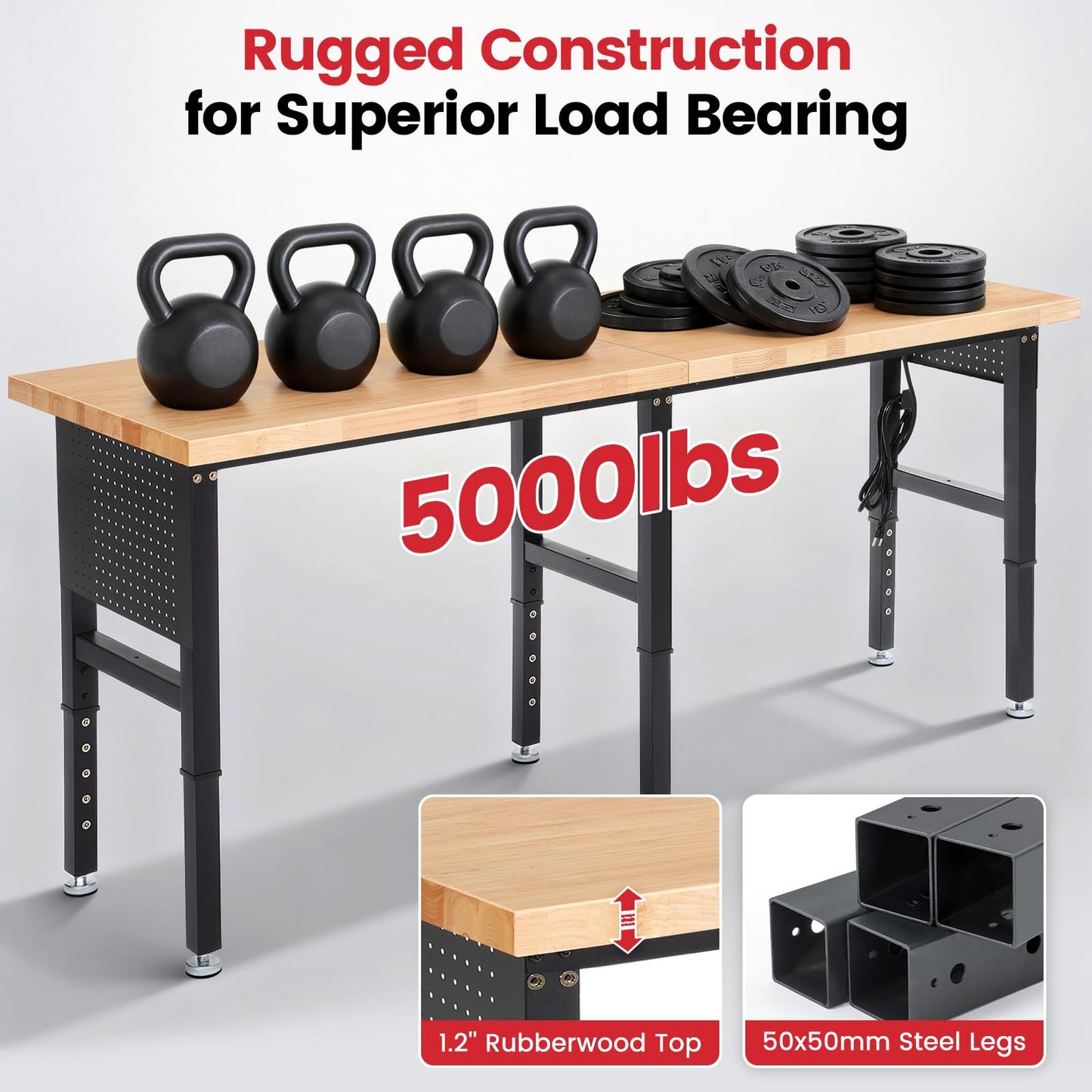 ENJOYWOOD Workbench 84 Inch Heavy Duty Rubber Wood Top Work Bench Adjustable Height Work Table 5000 Lbs Load Capacity with Power Outlets & Extended Pegboard for Garage, Home, Office