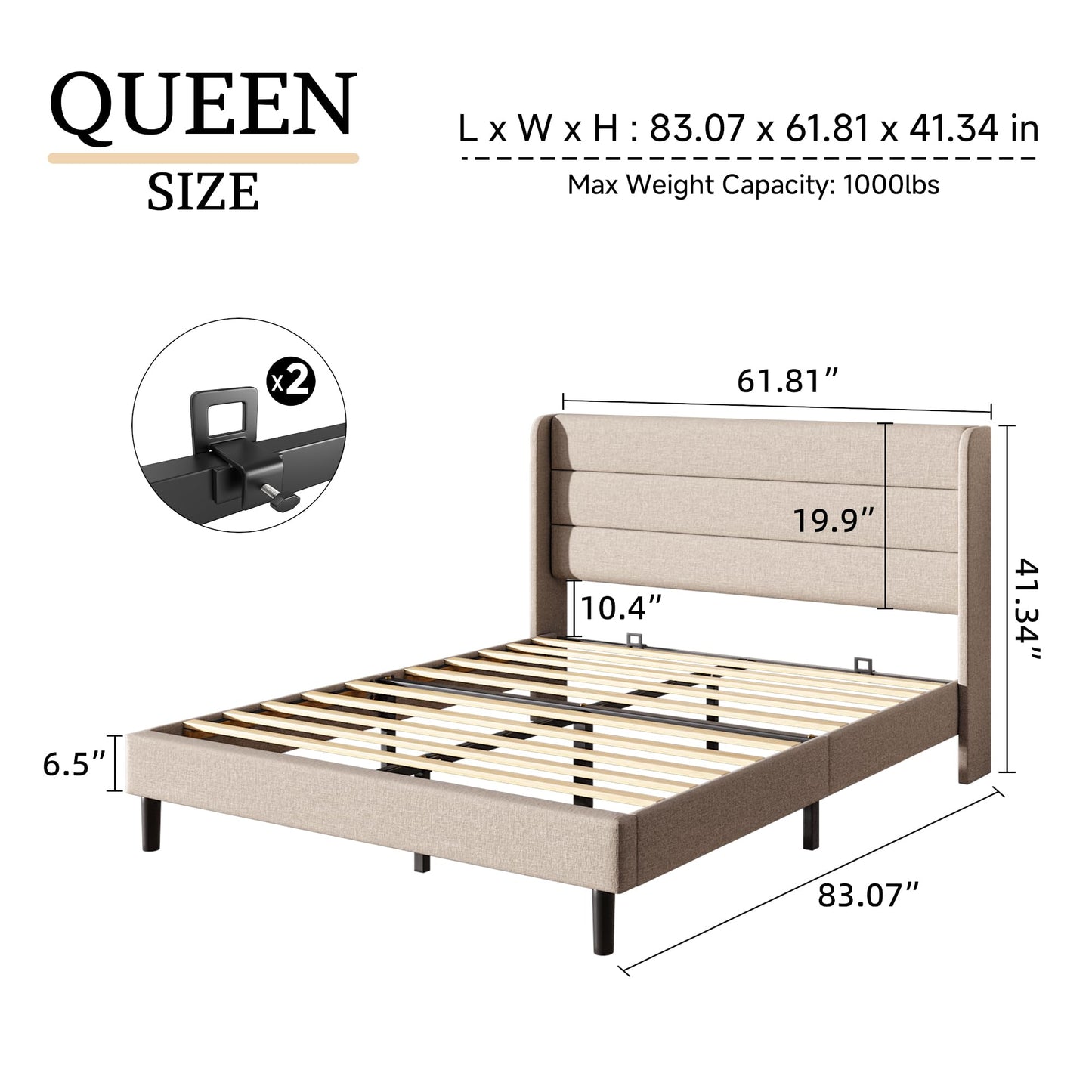 Mxhtcewz Queen Size Upholstered Platform Bed Frame, Modern Linen Fabric Bed with Wingback Headboard, Sturdy No Wobble, Noise-Free & Easy Assembly, No Box Spring Needed, Beige