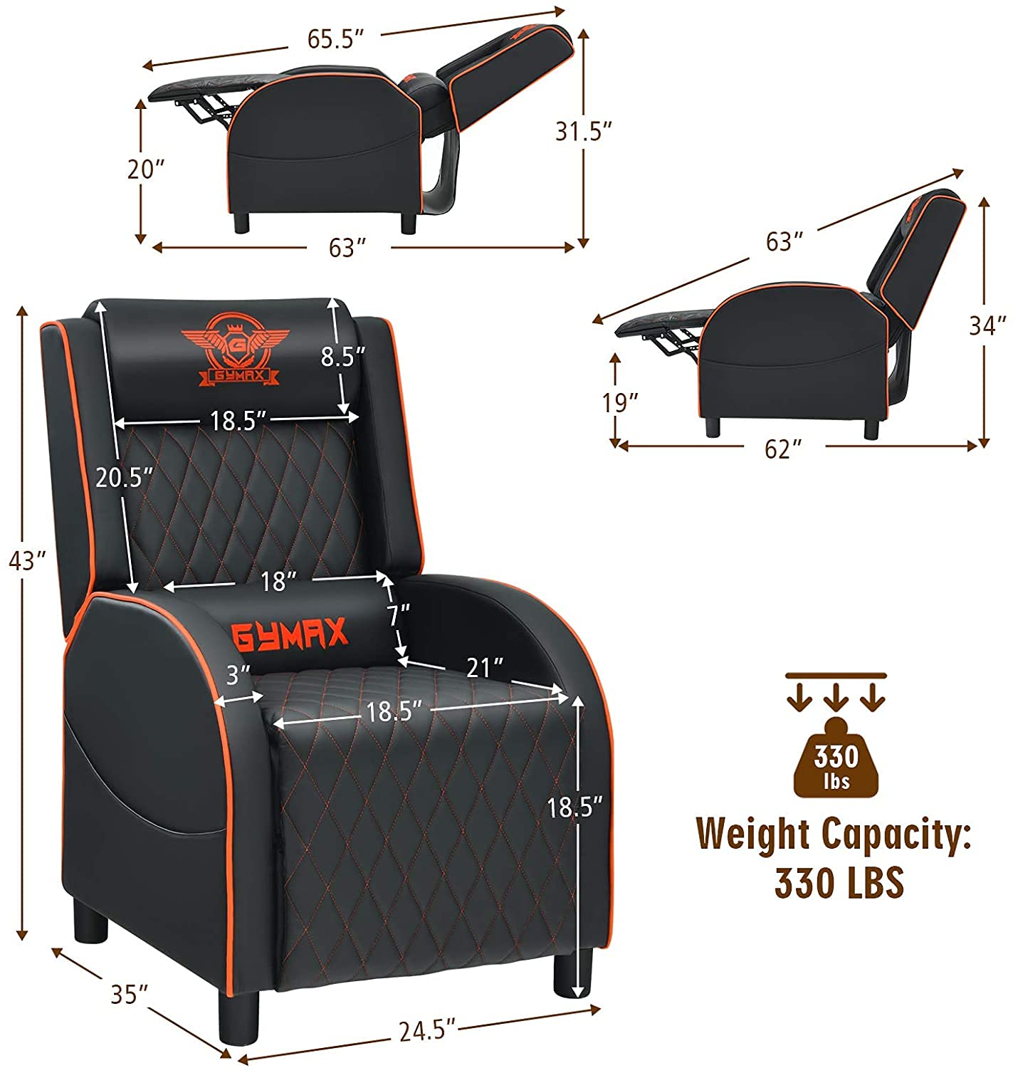 CHEFJOY Massage Gaming Recliner Chair, PU Ergonomic Single Sofa w/Headrest, Lumbar Support, Racing Style Reclining Home Theater Seating for Living Bedroom Gaming Room (Orange)