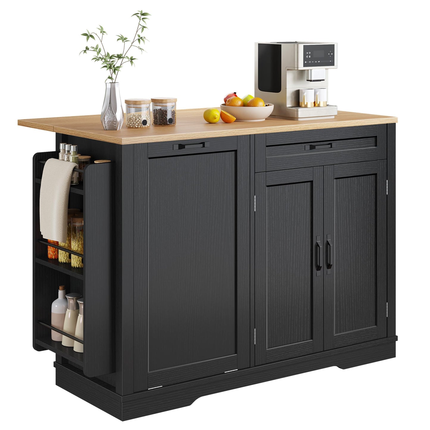 DWVO Tilt-Out Kitchen Trash Cans Cabinet, 50 Inch Rolling Kitchen Island with Drop Leaf, Portable Mobile Storage Island, Hidden Waste Bins Cabinet for 13 Gallon Garbage Bin, Black