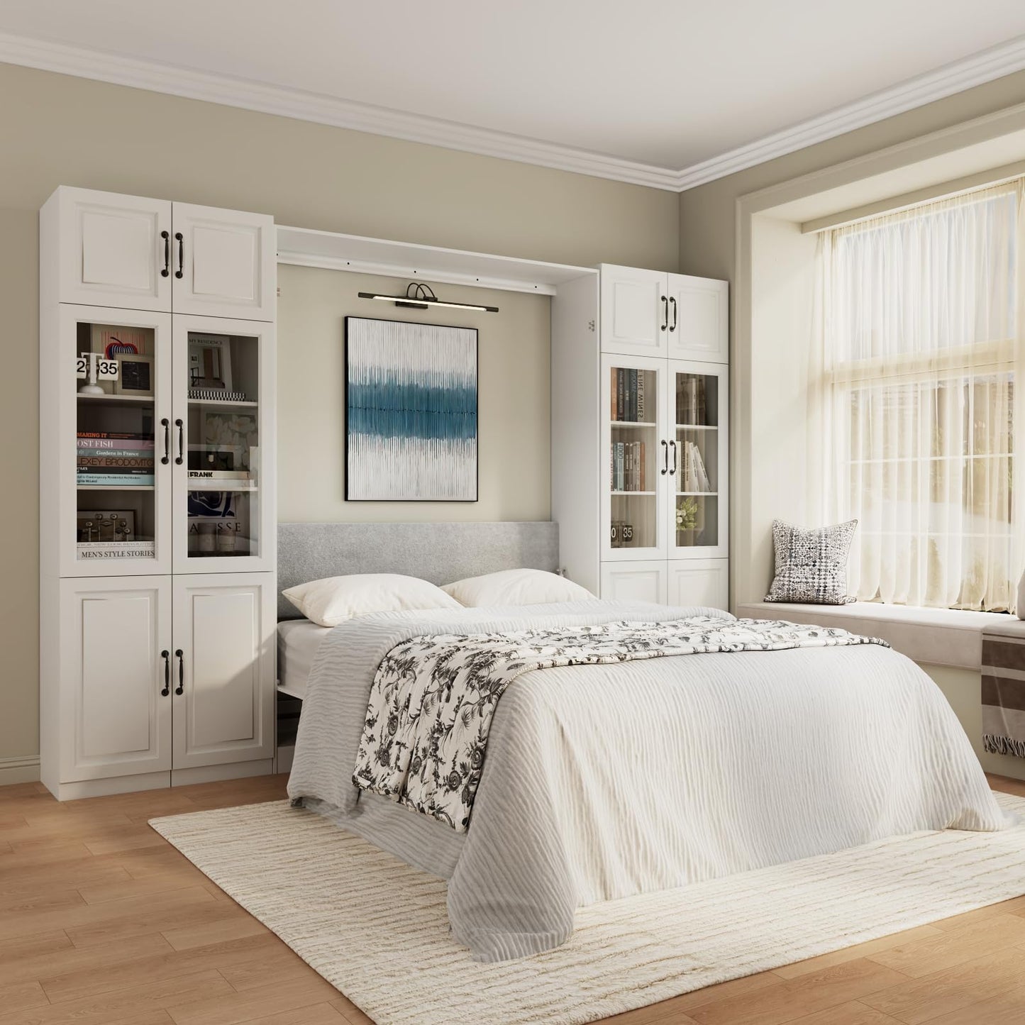 Bobve Farmhouse Murphy Bed Queen, 85" Wall Bed Folds to Save Space, Concealed Bed Frame with 2 Glass Storage Cabinets and Wall Mounted Features for Apartment/Office/Guest Room