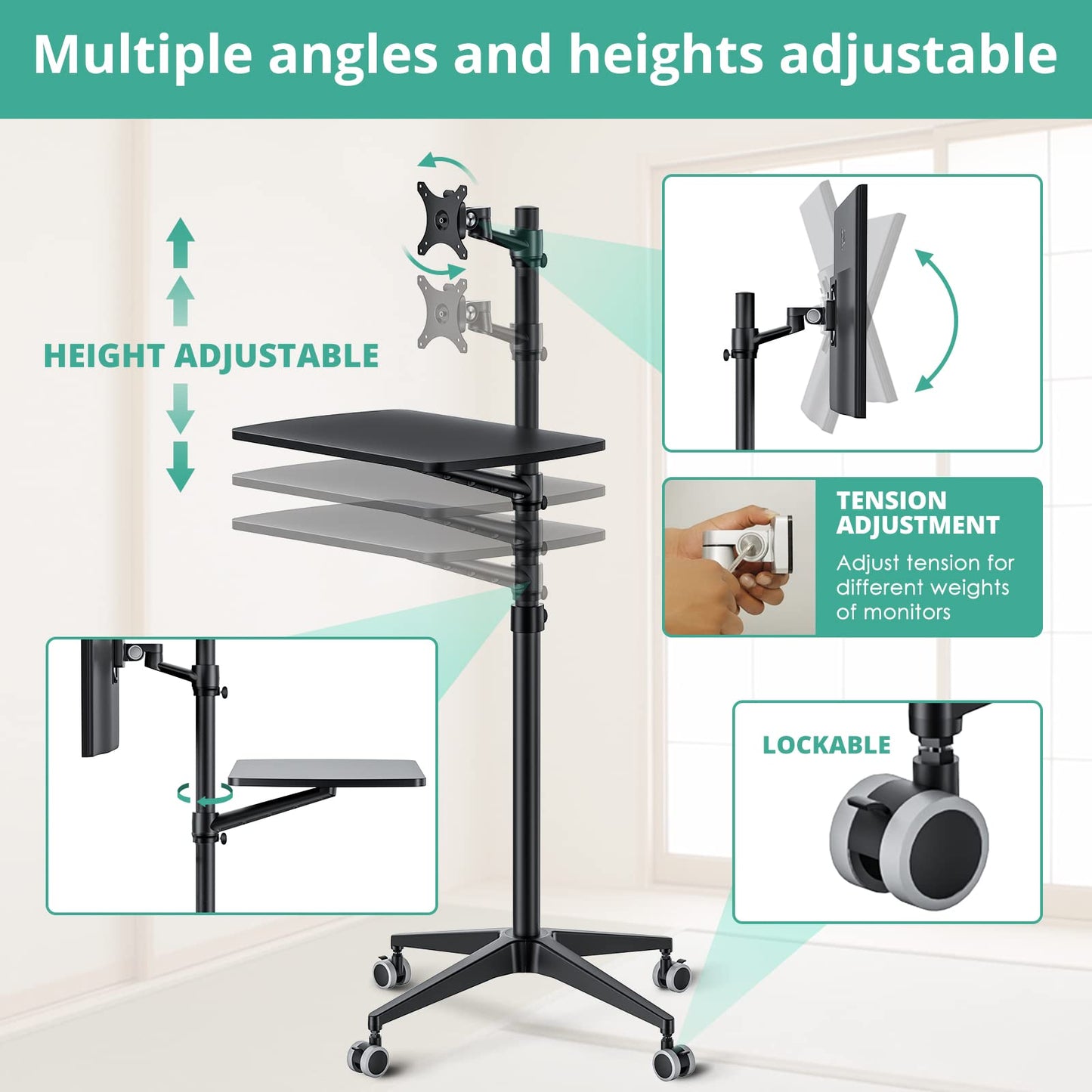 Viozon Mobile Desk,Mobile Workstation,Mulitiuse Rolling Laptop Floor Stand,34"-48.6" Height Adjustable,Compatible with 17"-27" Monitor&12"-17" Laptop,21"×14" Desk,Maxload 17.6lbs,4 Lockable Wheels B