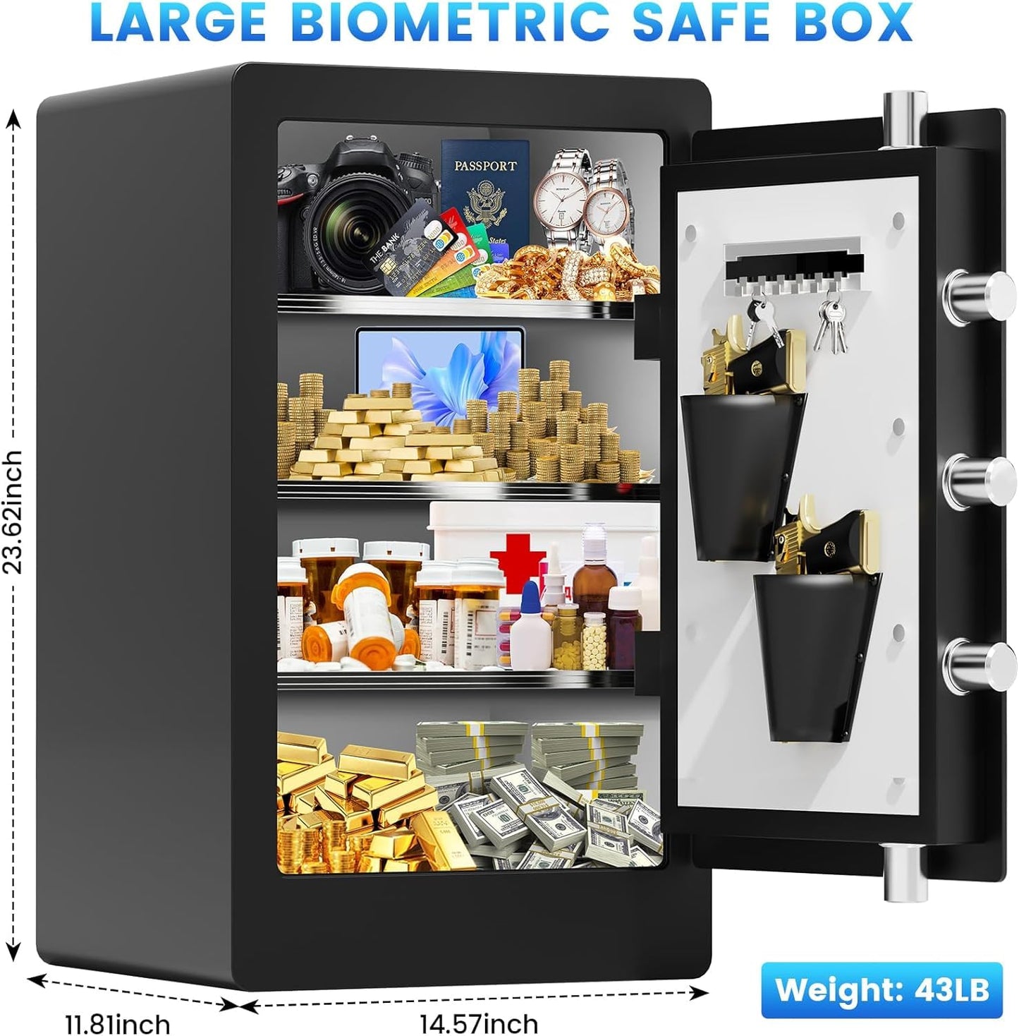 23.62'' Tall Large Biometric Fireproof Safe, Heavy Duty Quick-Access Fingerprint Safe Box with Fireproof Document Bag, 3 Removable Shelves, Dual Alert, Security Digital Safes for Home Office Use