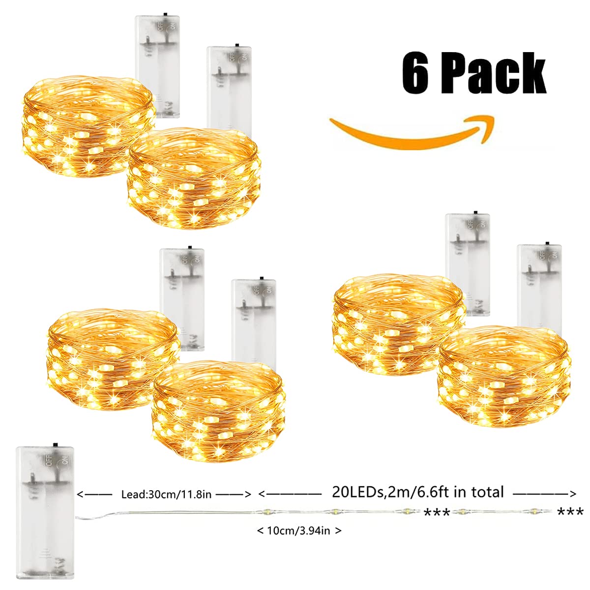 LIGHTOP Fairy Lights String Lights 20L Battery Operated Warm White 6.6ft Mini Copper Wire Indoor Waterproof for Bedroom Parties