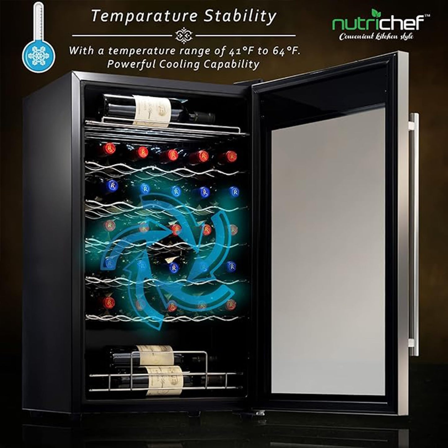 Nutrichef 34 Bottle Wine Fridge - Single Zone Beverage Refrigerator with Adjustable Temperature 41°F - 64°F, Ultra Quiet Operation Wine Cooler for Home, Office & Kitchen, Stainless Steel
