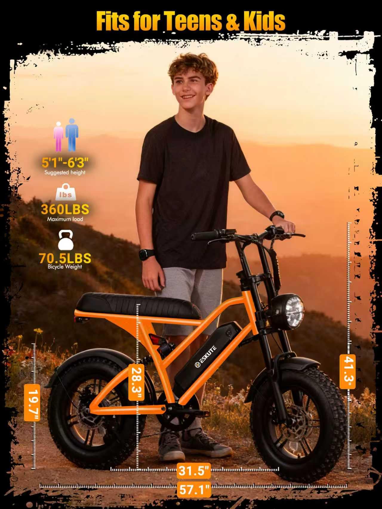 ESKUTE Electric Bike for Adults – 1500W Peak Motor, 48V 13Ah Battery, 20+MPH, Dual Suspension, 16"x4.0" Fat Tire E-Moped, 7-Speed, Up to 60 Miles, Commuter E-Bike, Orange