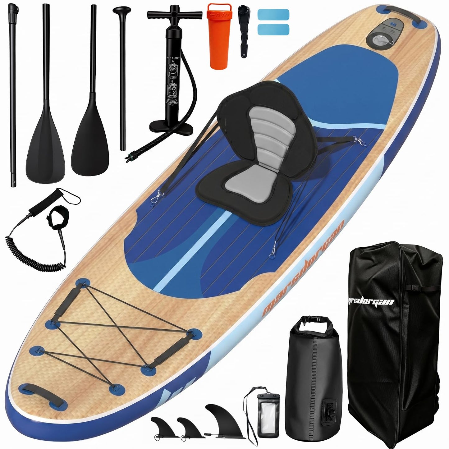 Marsdorgan 11' Inflatable Paddle Board Light Oak w/Seat | Extra Wide SUP Non-Slip for Adults Youth | Stable for Lake Ocean, 2-Blade Paddle + 10L Dry Bag Included