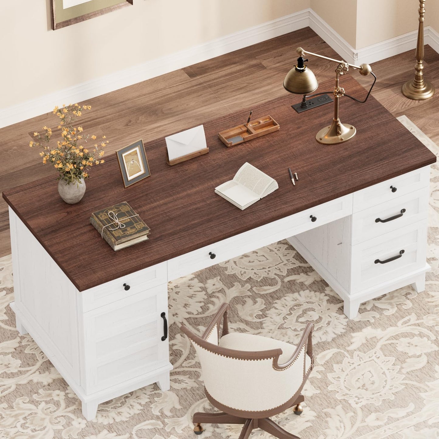 GarveeHome Executive Desk with File Drawers, Farmhouse Home Office Desk with Charging Station, 60 in Wooden Computer Desk with Cabinet Storage for Work Study Writing, White Walunt