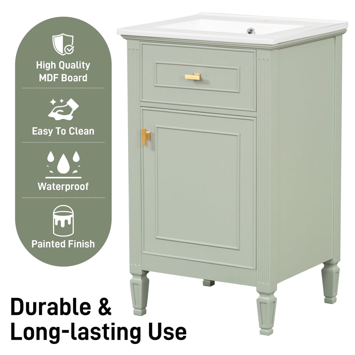 20" Bathroom Vanity with Ceramic Sink Top, Tip-Out Drawer, Door Rack, Adjustable Shelf, Solid Wood Legs, Soft-Closing Door, Green