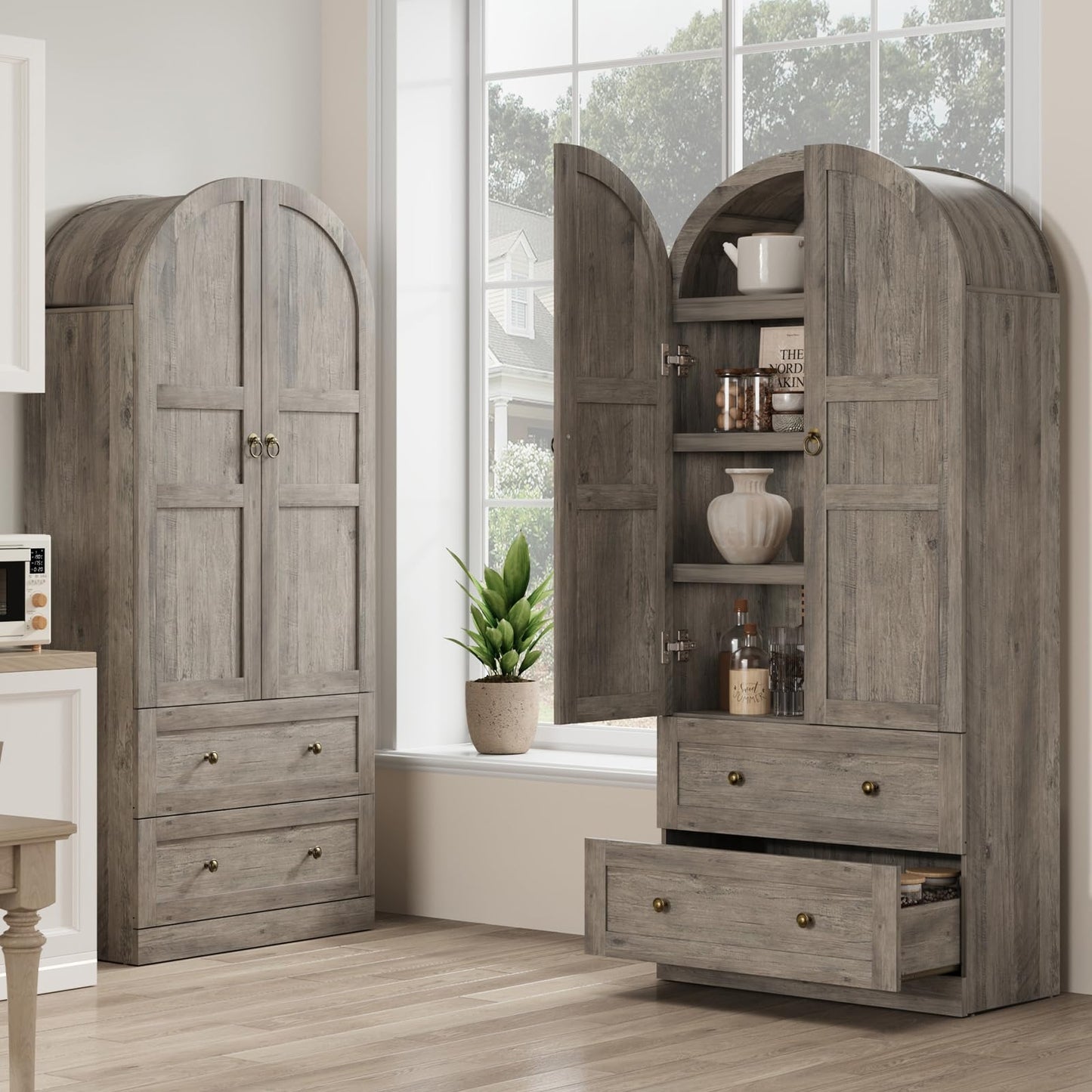 IDEALHOUSE 72" H Arched Kitchen Pantry with 2 Drawers, Farmhouse Wooden Tall Kitchen Storage Cabinet w/ 2 Doors & 3 Shelves, Versatile Freestanding Food Cupboard for Kitchen, Dining Room, Rustic Gray