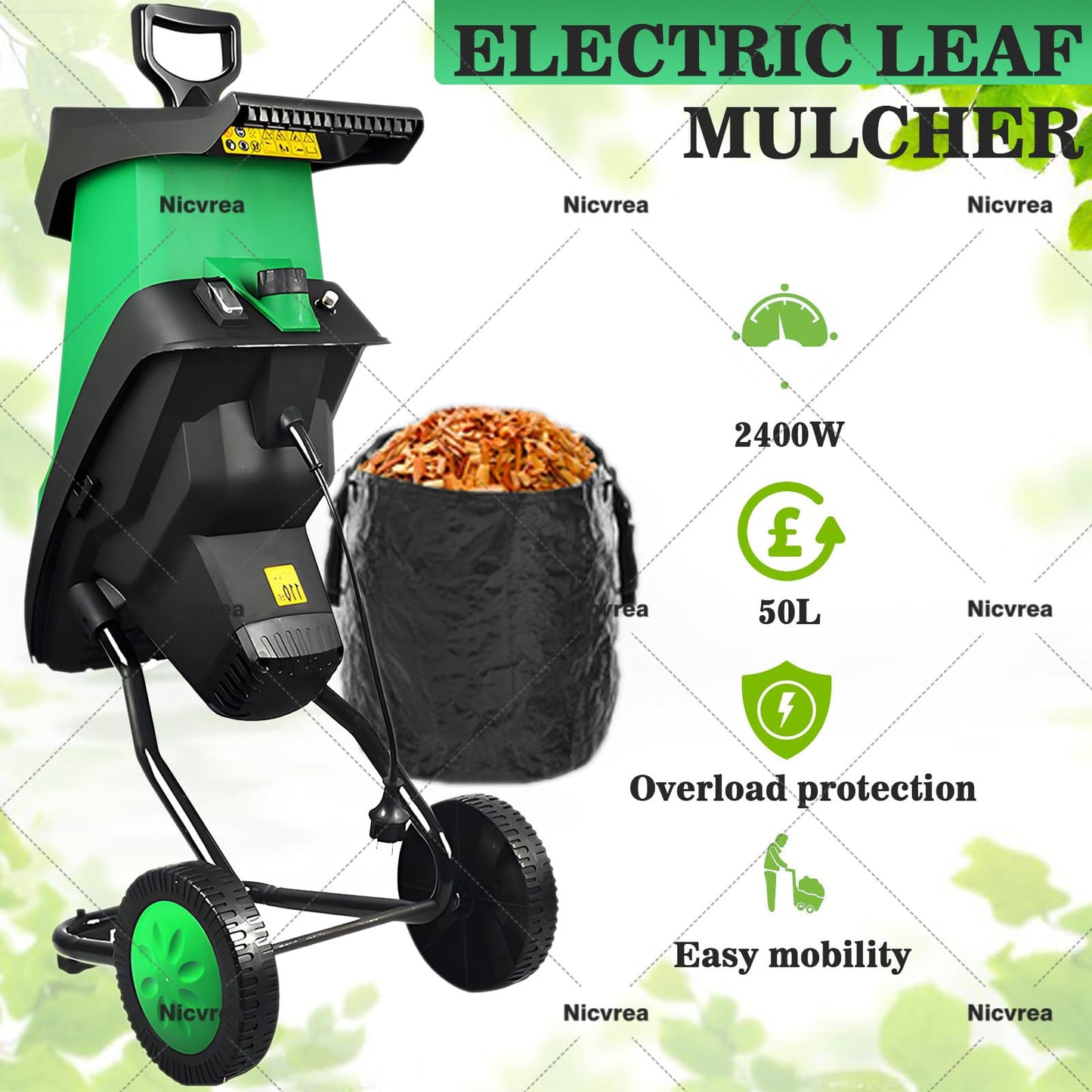Leaf Mulcher,Electric Garden Shredder,Super Powerful Tree Branch Crusher,Wood Chippers, Shredders, Tree Branch Crusher,with 50L Collection Bag, Suitable for Garden