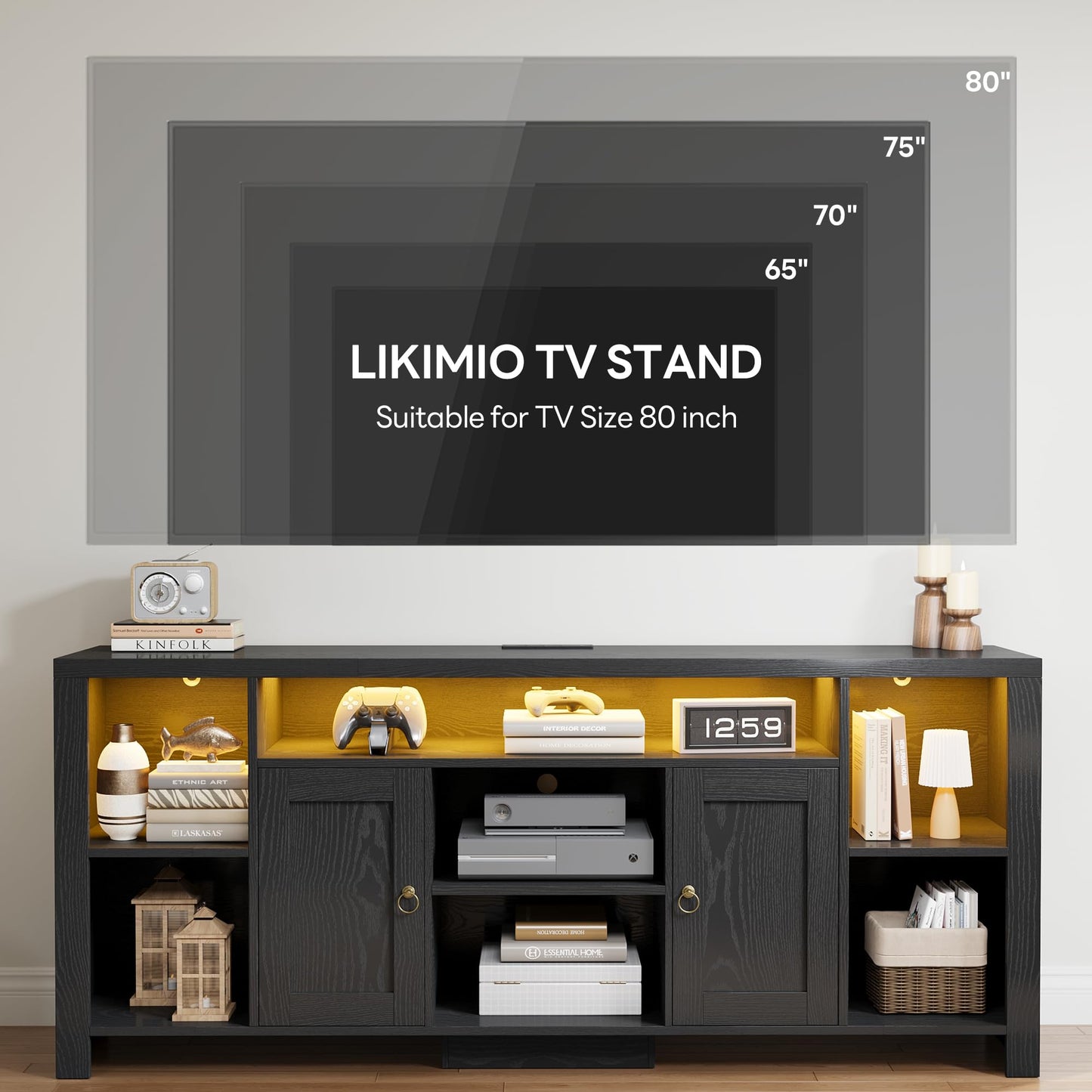 LIKIMIO TV Stand for TVs 80 inch with LED Lights & Power Outlet, Entertainment Center with Cabinets, Adjustable Shelves and Open Shelves, Modern Media TV Console Living Room, Black