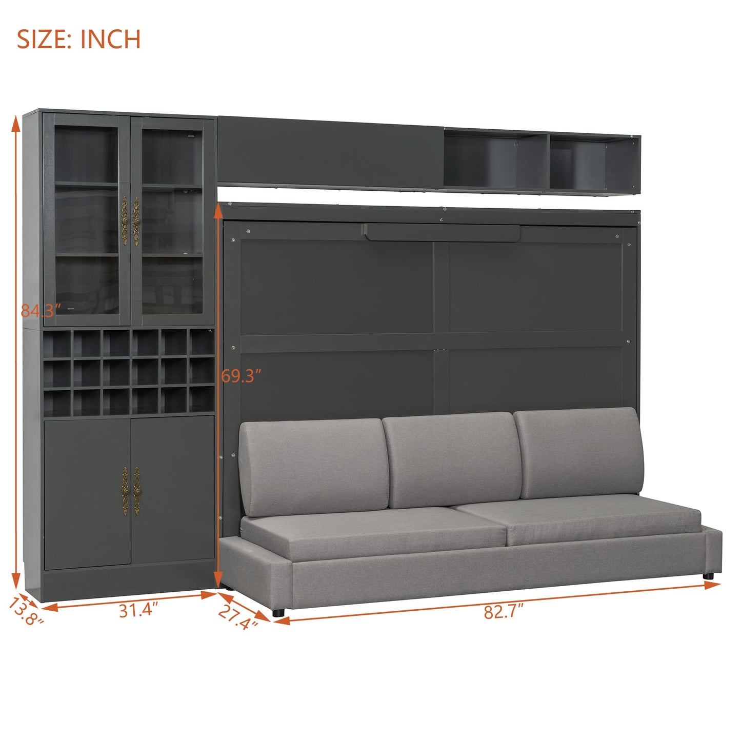 Merax Queen Size Murphy Bed Wall Bed with Sofa, Shelves, USB & Light - Space Saving Foldable Bed for Small Apartments, Grey